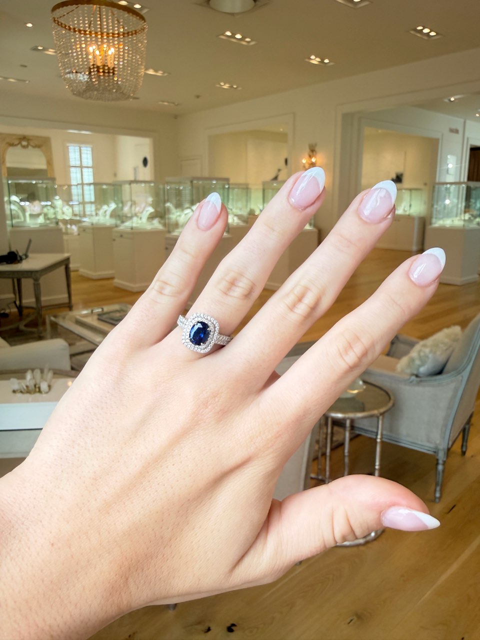 Sapphire & Double Diamond Halo Ring