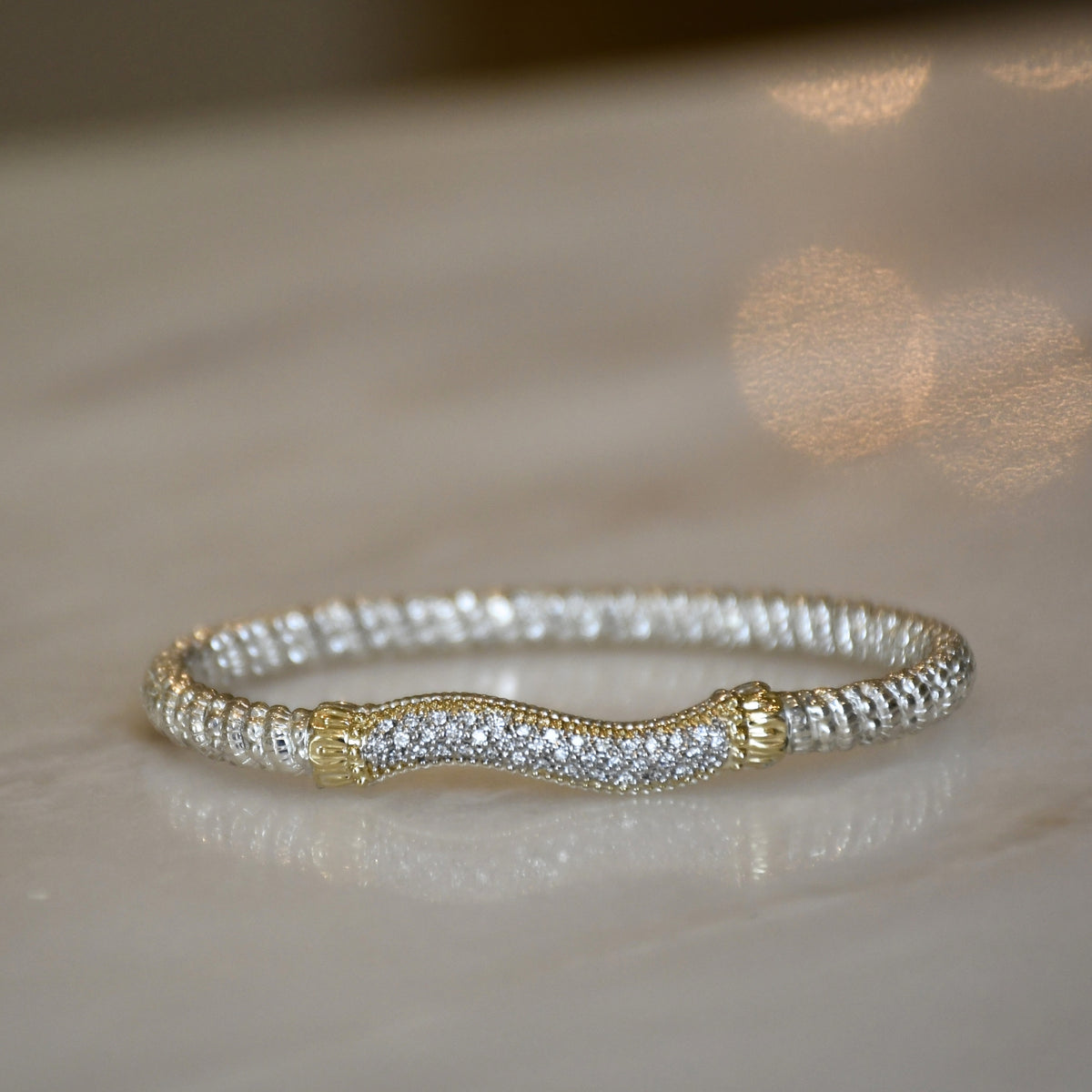 14ky/Sterling Silver Closed Wave Pave Diamond Bangle Bracelet