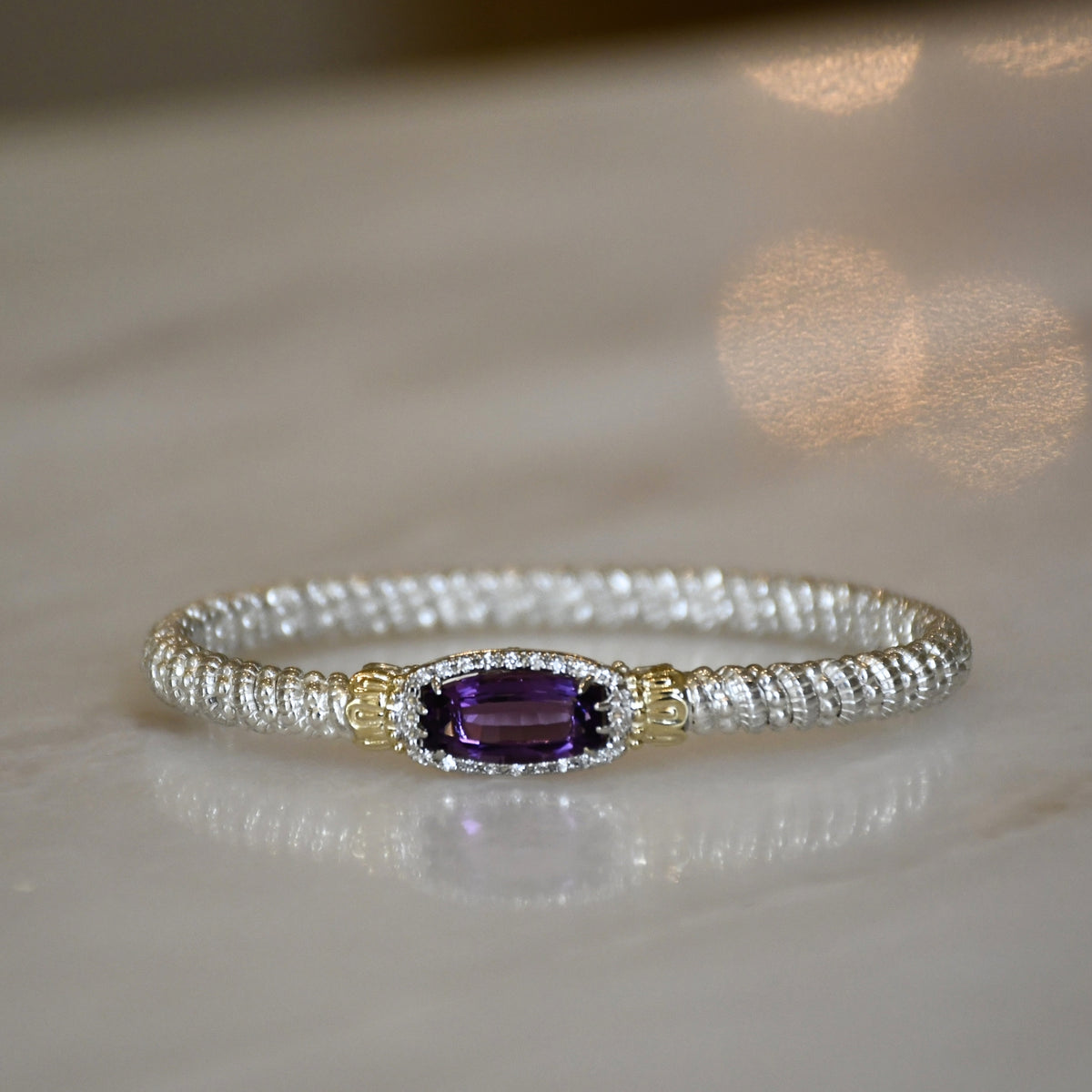 14ky/Sterling Silver Amethyst Closed Bangle Bracelet