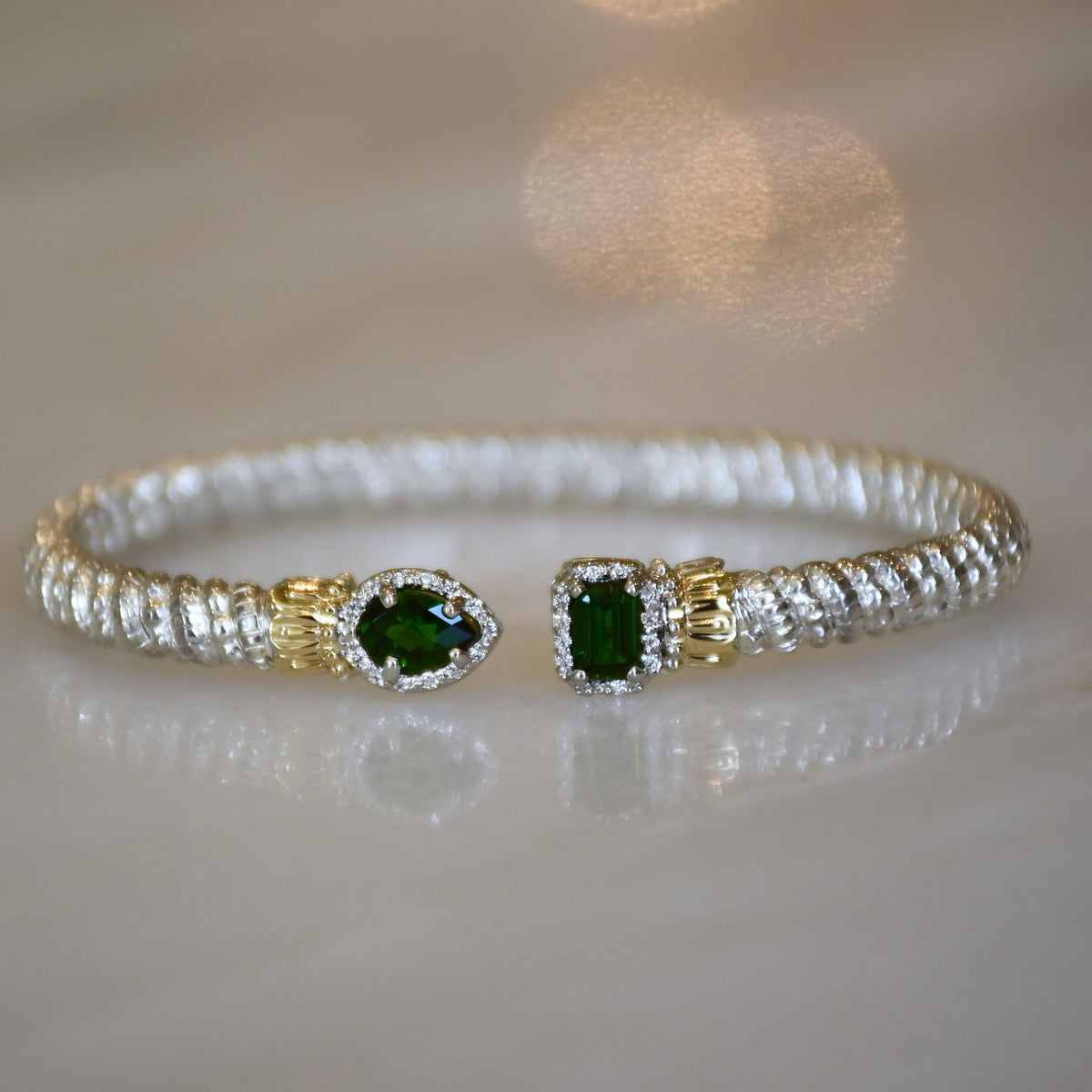 14ky/SsS Diamond Bangle Bracelet w/ Chrome Diopside