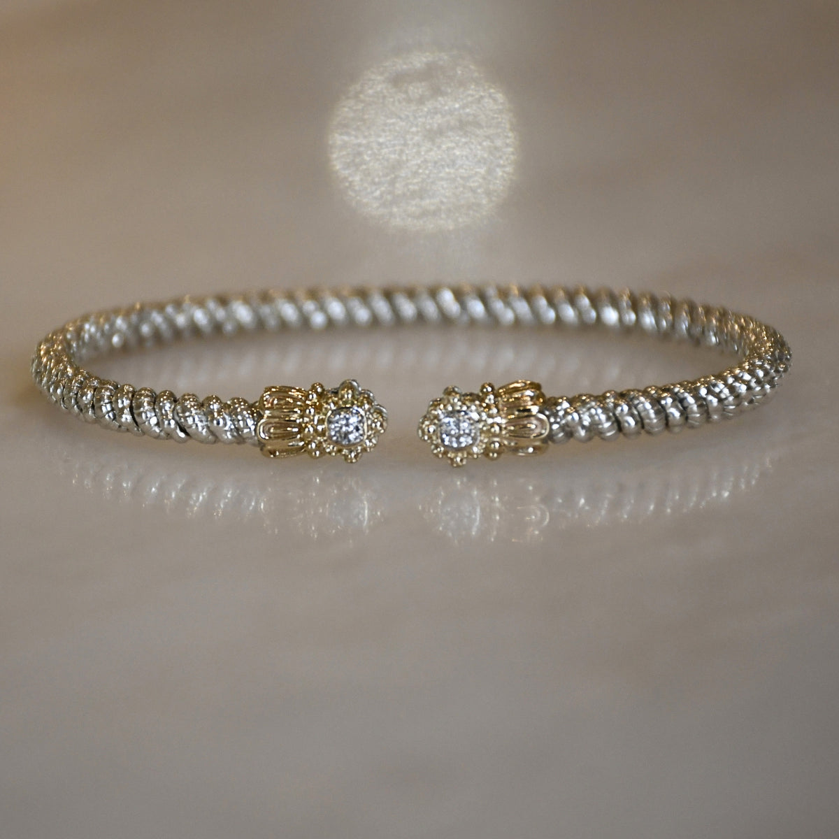 14KY/SS DIAMOND OPEN BANGLE BRACELET