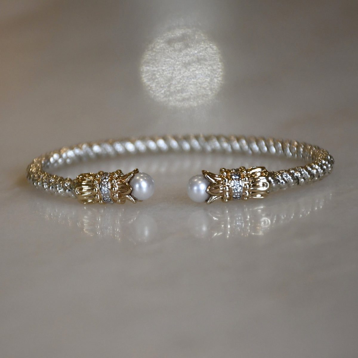 14ky/Sterling Silver White Pearl Open Bangle Bracelet
