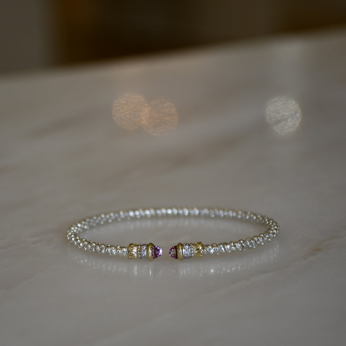 14ky/Sterling Silver Open Pink Topaz Bangle Bracelet