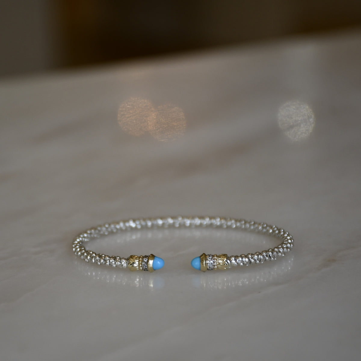 14ky/Sterling Silver Open Turquoise Bangle Bracelet