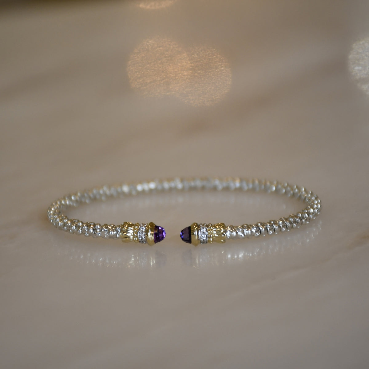 14ky/Sterling Silver Open Amethyst Bangle Bracelet