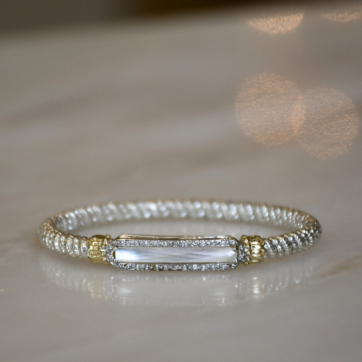 14ky/Sterling Silver Mother of Pearl Closed Bangle Bracelet