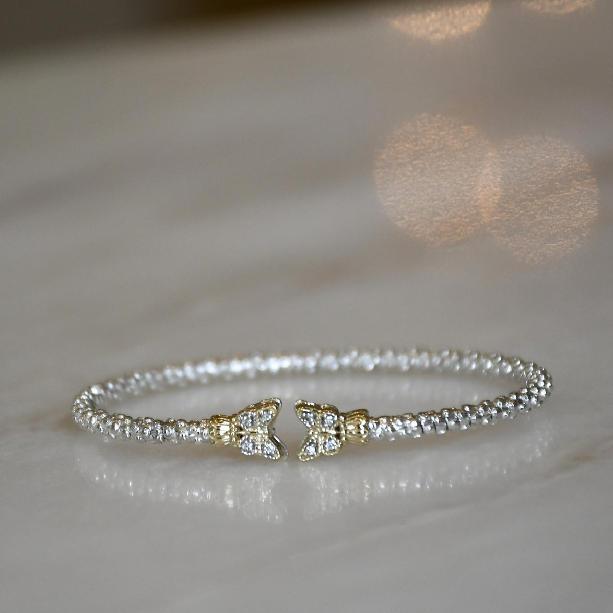 14ky/Sterling Silver Open Diamond Butterfly Bangle Bracelet