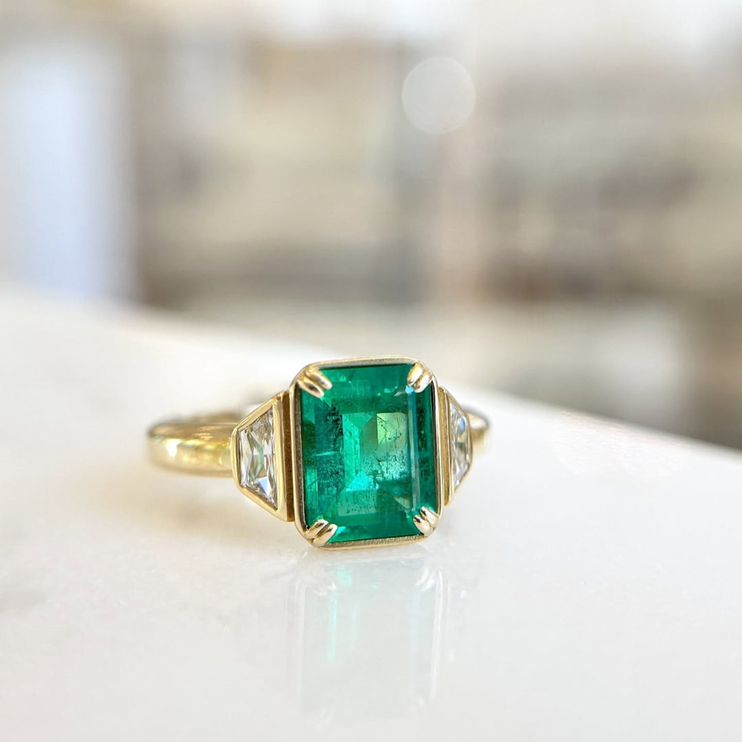 Emerald Cut Emerald & Trapezoid Diamond Ring