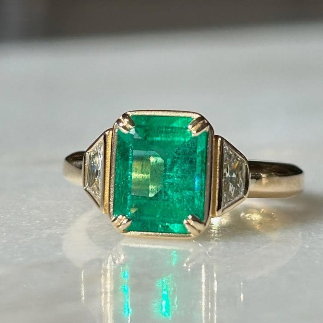 Emerald Cut Emerald & Trapezoid Diamond Ring