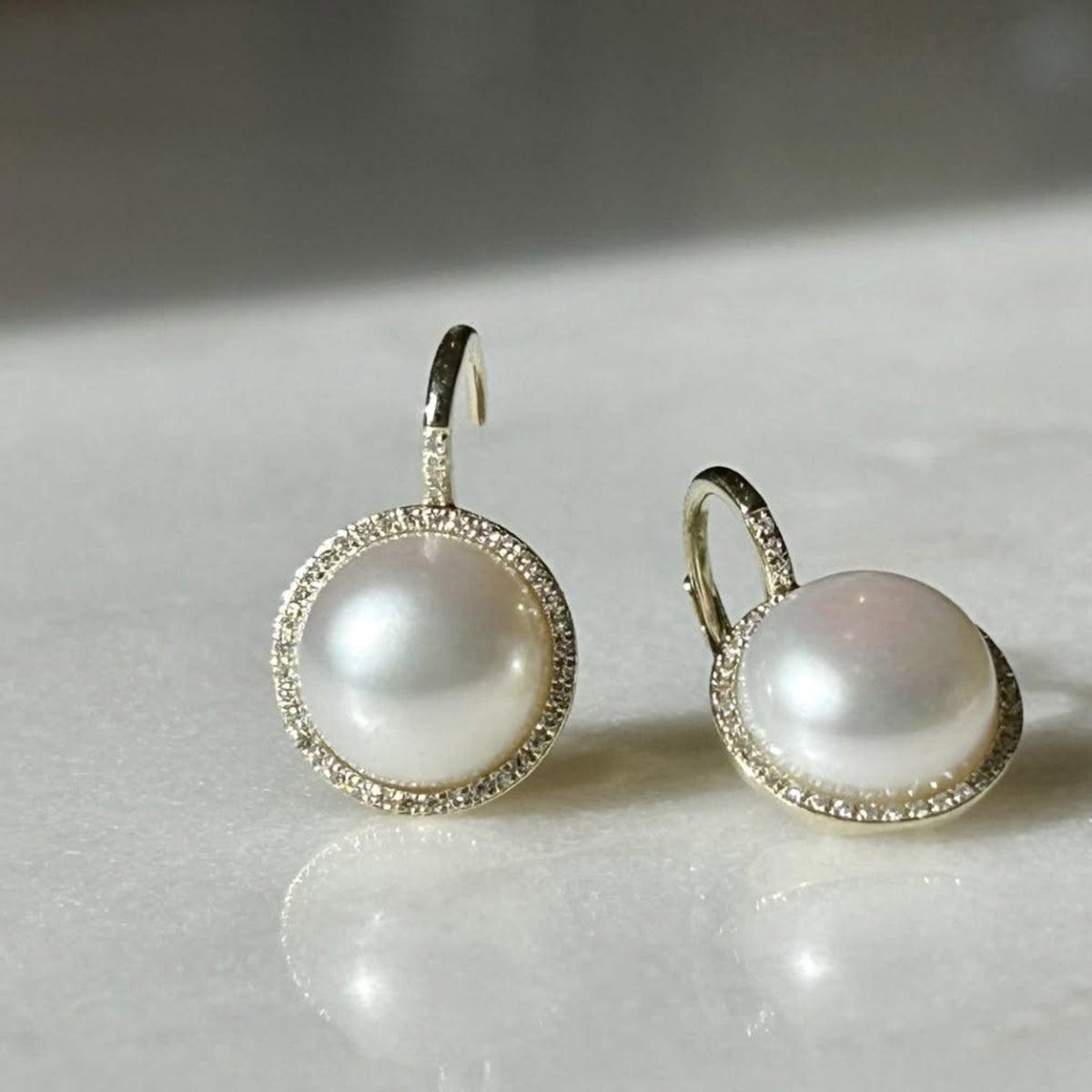 Diamond & Button Pearl Dangle Earrings