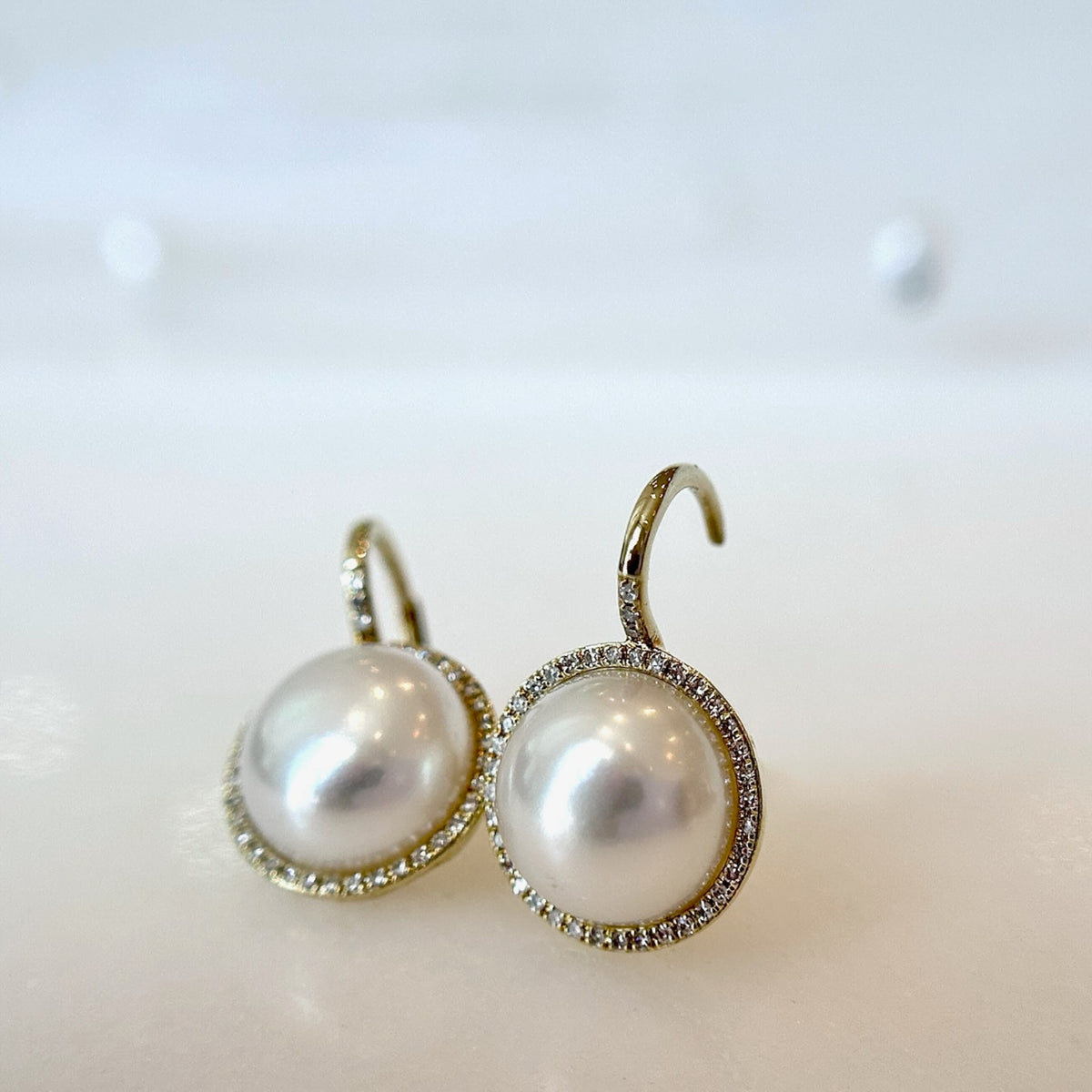 Diamond & Button Pearl Dangle Earrings