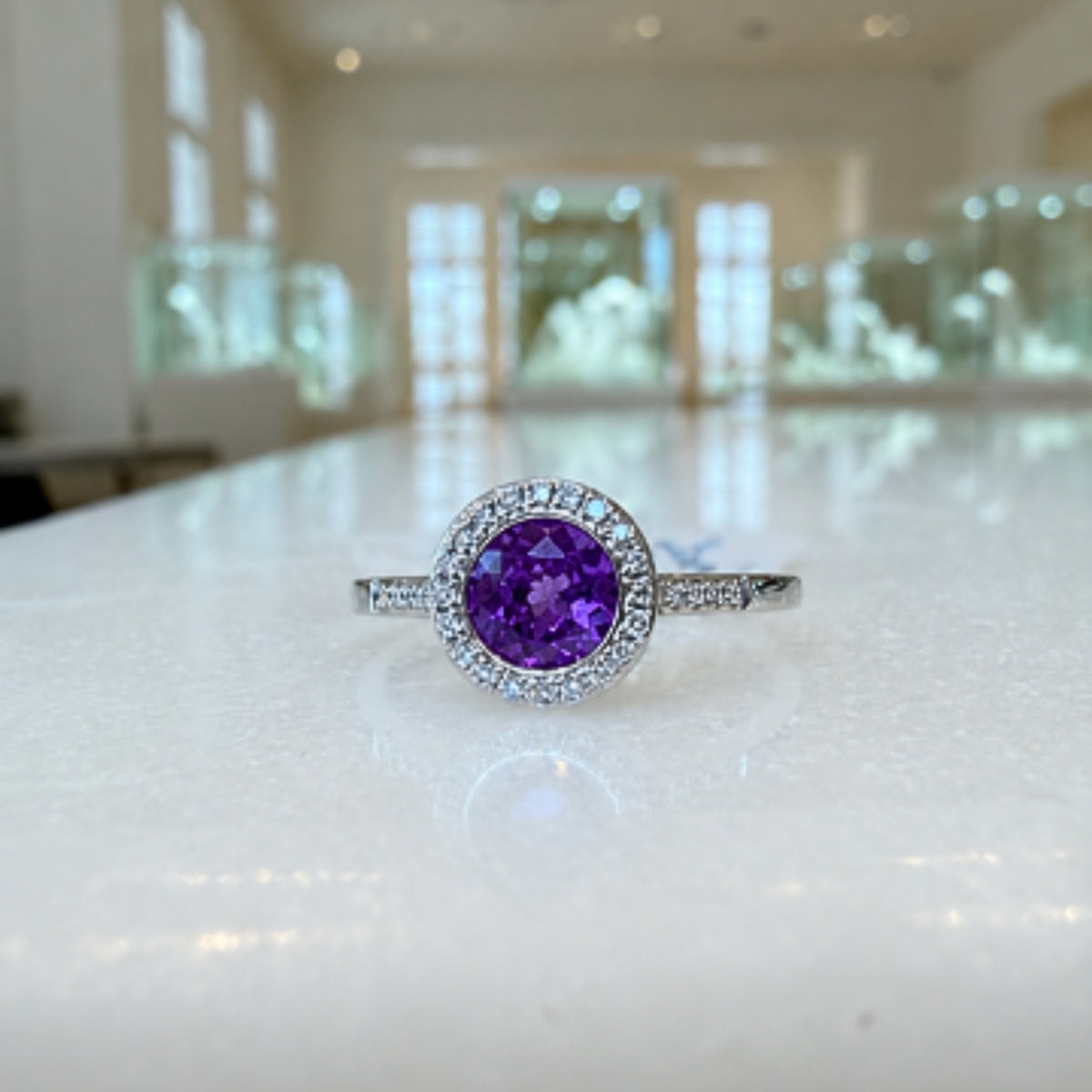 Amethyst & Diamond Halo Ring