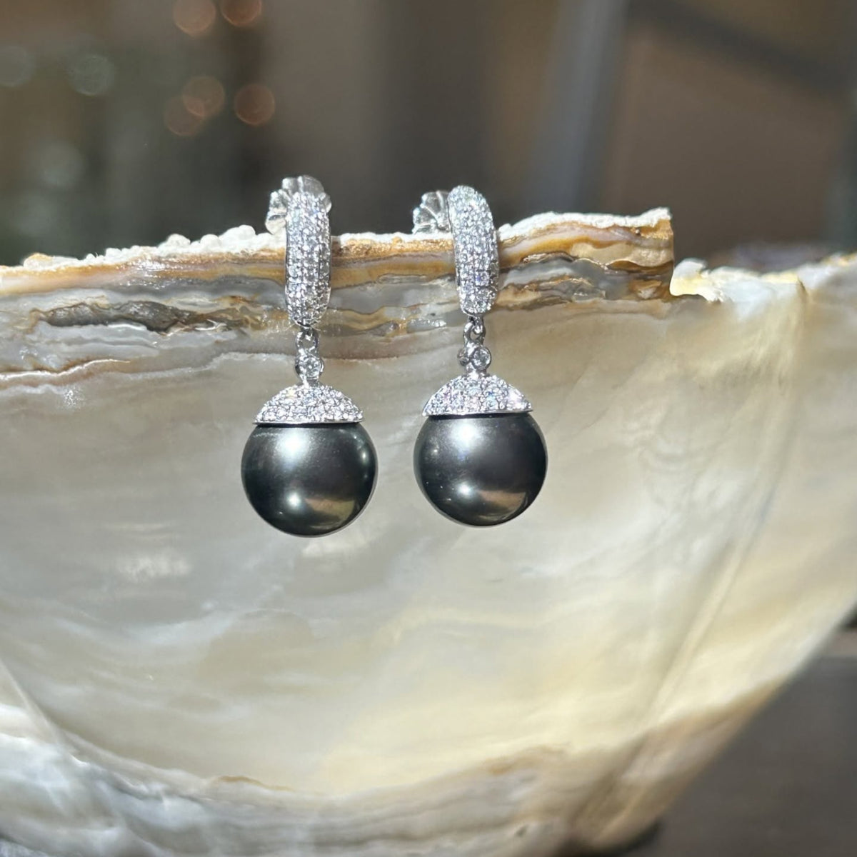 18KW Tahitian Pearl/Diamond Dangle Earrings