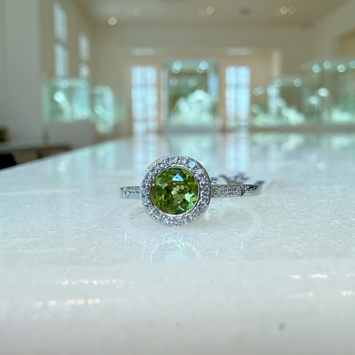 Peridot & Diamond Halo Ring