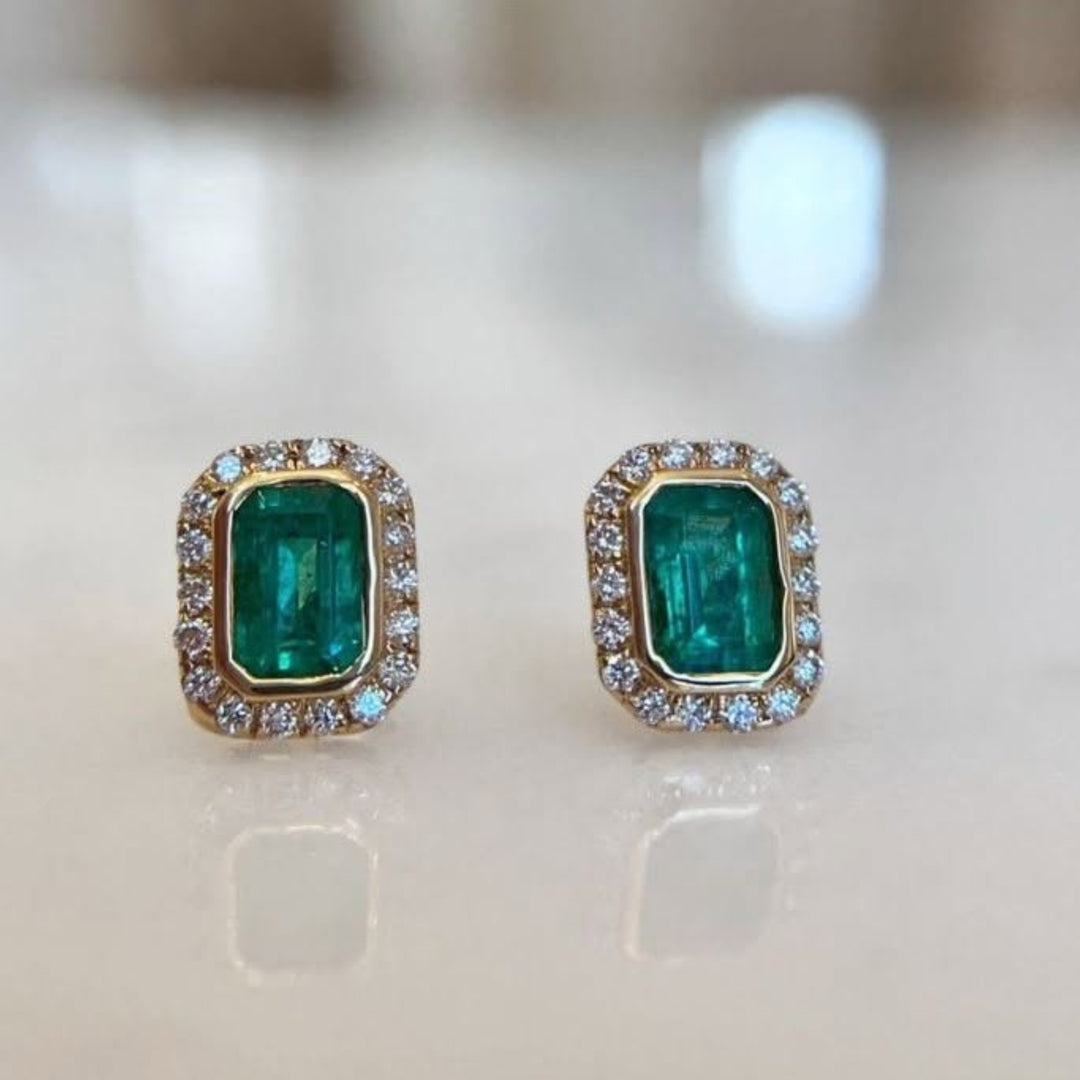 Emerald Cut Emerald & Diamond Studs