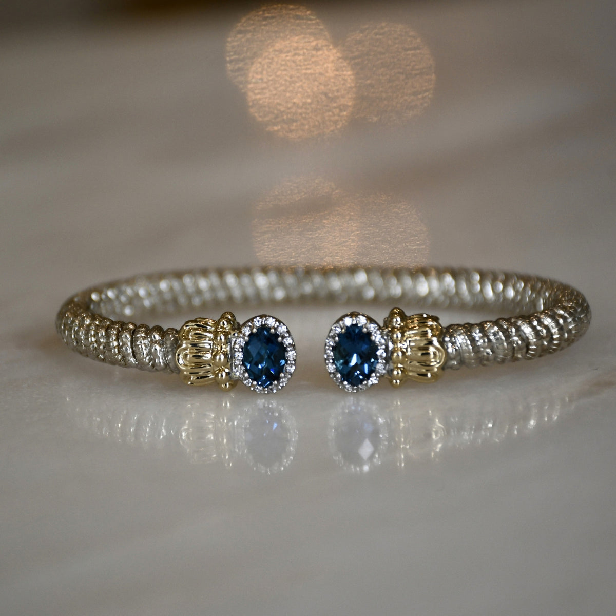 14KY/SS DIAMOND & LONDON BLUE TOPAZ OPEN BANGLE BRACELET