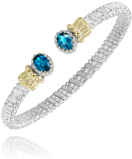 14KY/SS DIAMOND & LONDON BLUE TOPAZ OPEN BANGLE BRACELET